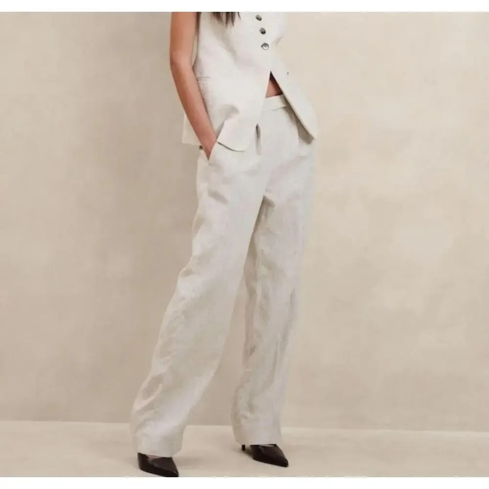 Banana Republic Lina Straight-Leg Linen Pants Sz 12 Tall Long Capsule Wardrobe